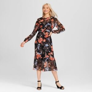 Who What Wear Black Sheer Floral Flowy Long Sleeve Midi Dress sz S